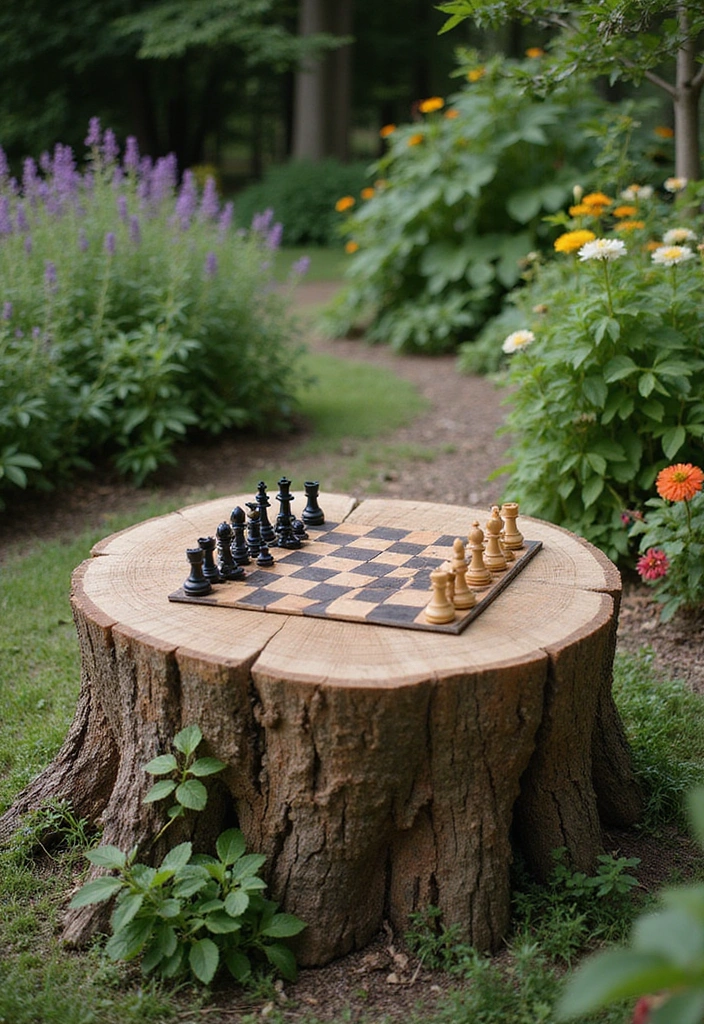 22 Brilliant Tree Stump Landscaping Ideas for a Jaw-Dropping Yard (Wait Until You See #17!) - 18. Stump Game Table