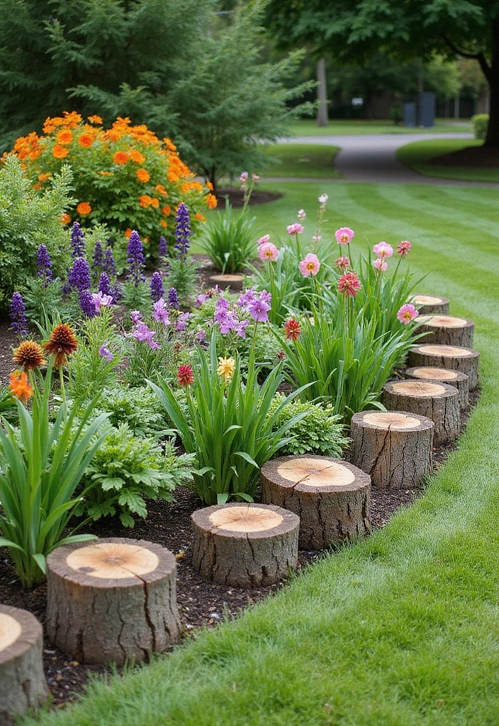 22 Brilliant Tree Stump Landscaping Ideas for a Jaw-Dropping Yard (Wait Until You See #17!) - 21. Stump Garden Edging