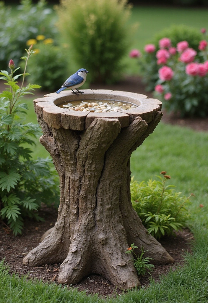 22 Brilliant Tree Stump Landscaping Ideas for a Jaw-Dropping Yard (Wait Until You See #17!) - 7. Wooden Bird Baths