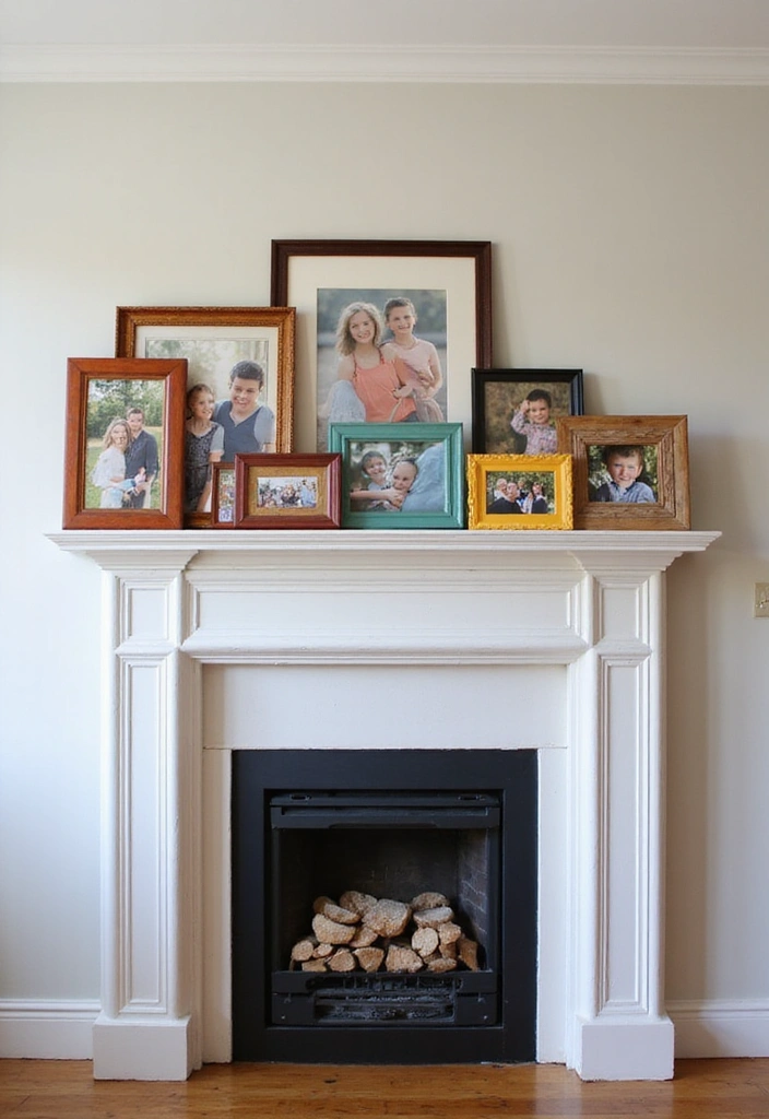 22 Colorful Mantel Decor Ideas That Will Brighten Up Any Room! - 17. Colorful Family Photos