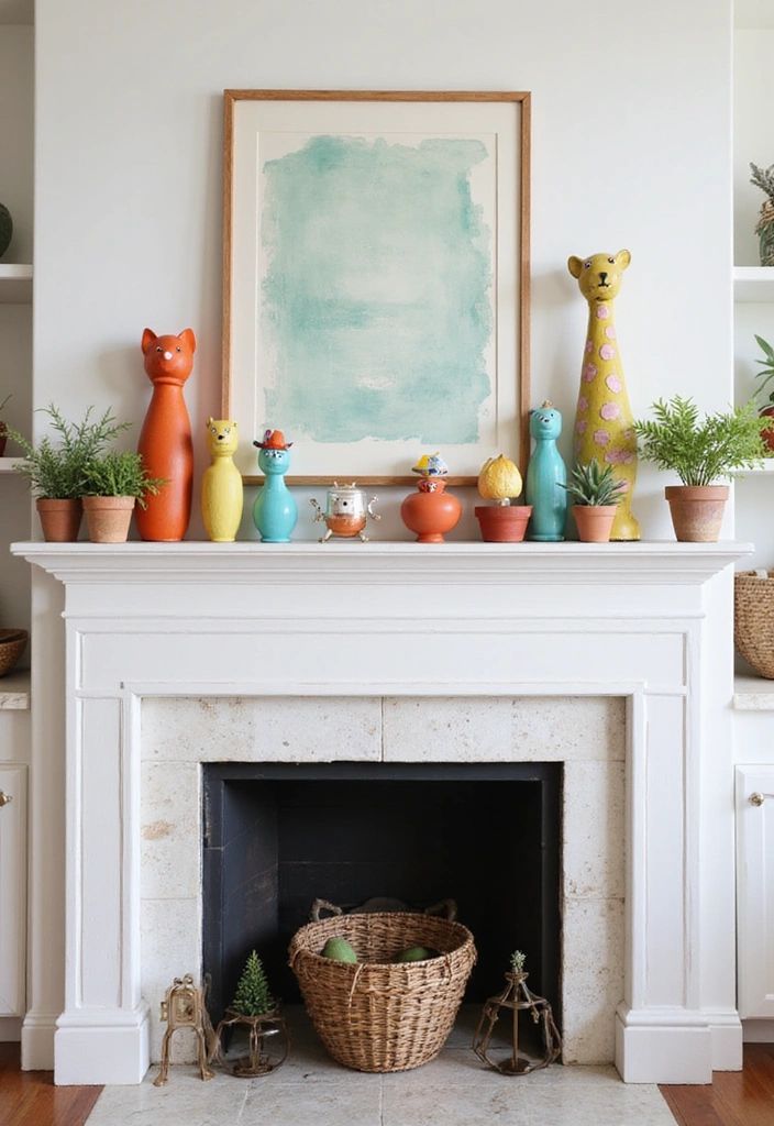 22 Colorful Mantel Decor Ideas That Will Brighten Up Any Room! - 3. Playful Decorative Objects