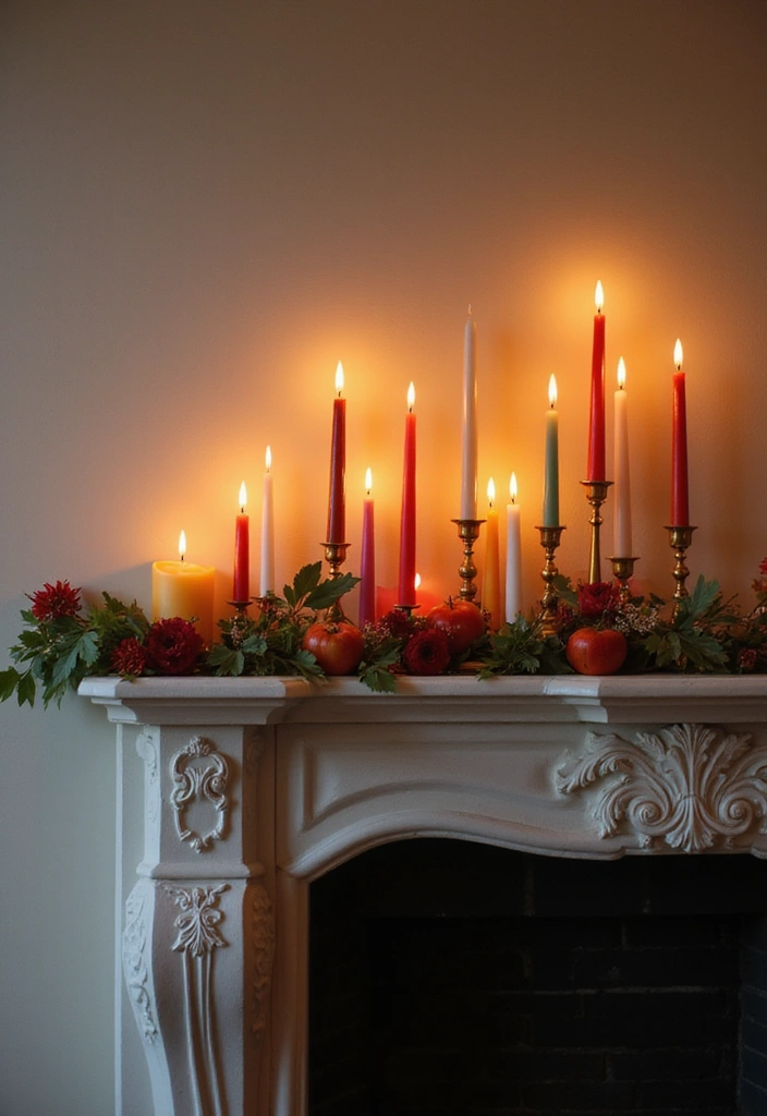 22 Colorful Mantel Decor Ideas That Will Brighten Up Any Room! - 6. Bright Candle Displays