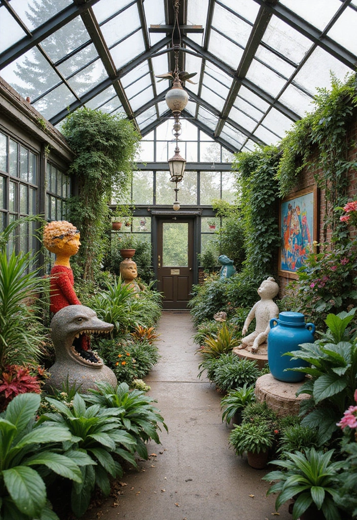 22 Genius Garden Greenhouse Ideas That Will Make Your Plants Thrive Like Never Before! - 14. Greenhouse with Art Installations
