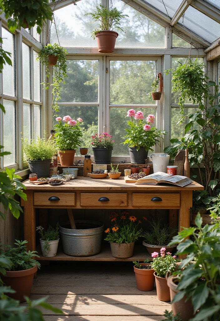 22 Genius Garden Greenhouse Ideas That Will Make Your Plants Thrive Like Never Before! - 8. Garden Greenhouse with a Potting Bench