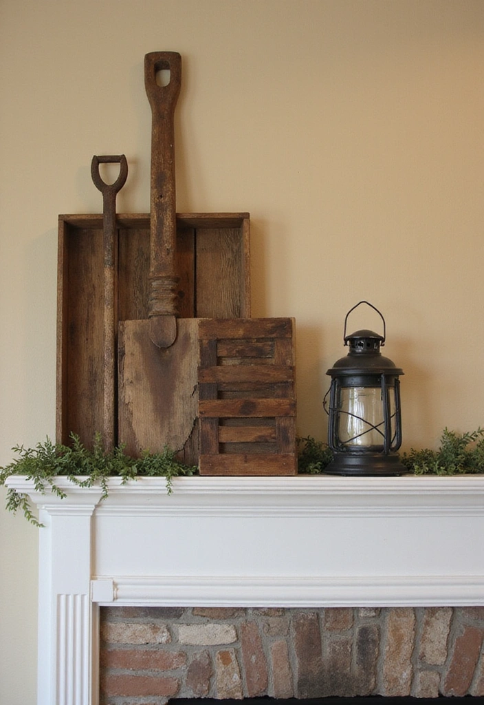22 Modern Farmhouse Mantel Decor Ideas That Will Leave You Breathless! - 7. Rustic Farm Tools
