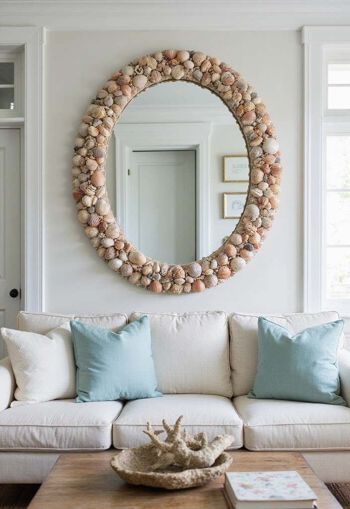 25 DIY Beach Themed Decor Projects for a Stunning Living Room Makeover! - 20. Shell-Encased Mirrors