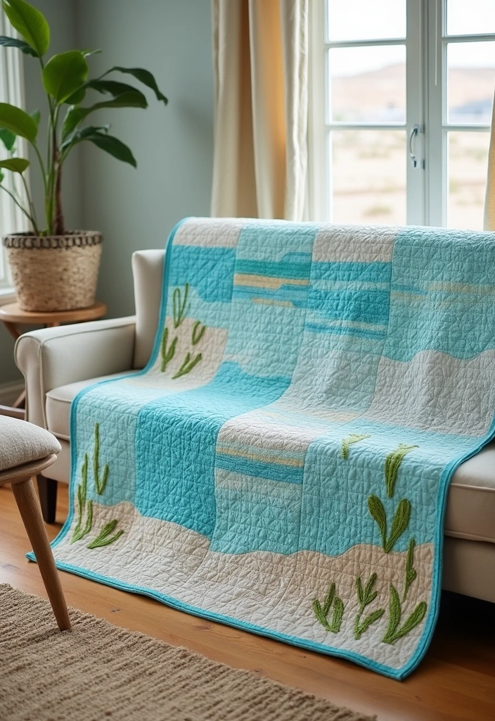 25 DIY Beach Themed Decor Projects for a Stunning Living Room Makeover! - 25. Beach-Themed Quilts