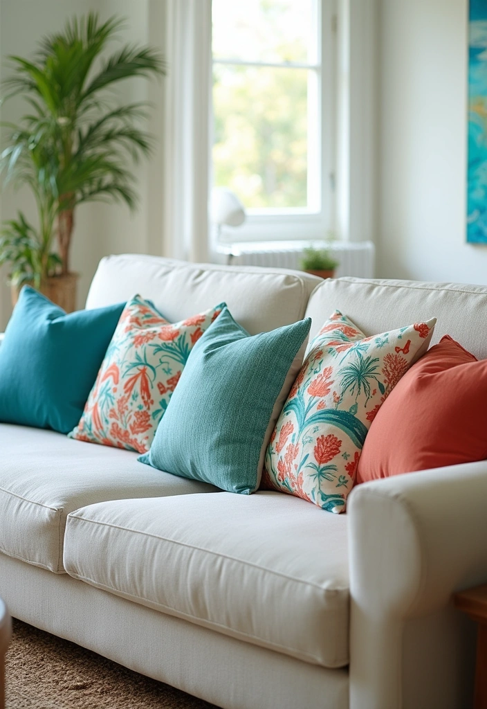 25 DIY Beach Themed Decor Projects for a Stunning Living Room Makeover! - 3. Ocean-Inspired Throw Pillows
