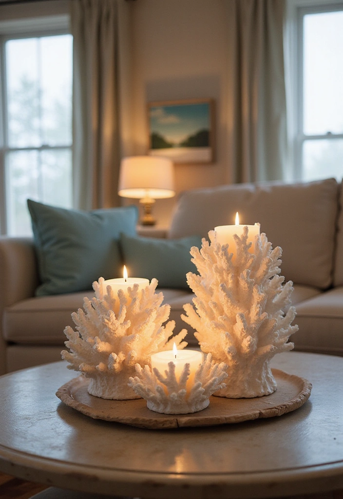 25 DIY Beach Themed Decor Projects for a Stunning Living Room Makeover! - 8. Coral-Inspired Candle Holders