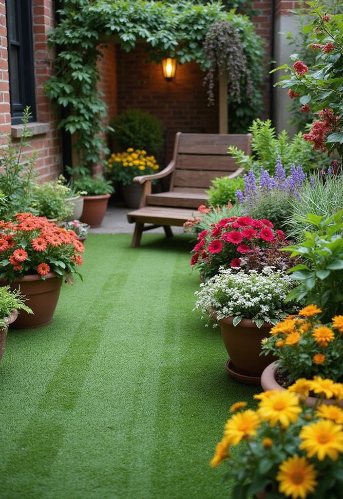 25 DIY Small Backyard Turf Ideas That Will Make You a Landscaping Pro (Don't Miss #12!) - 9. Turf Seating Area with Planters