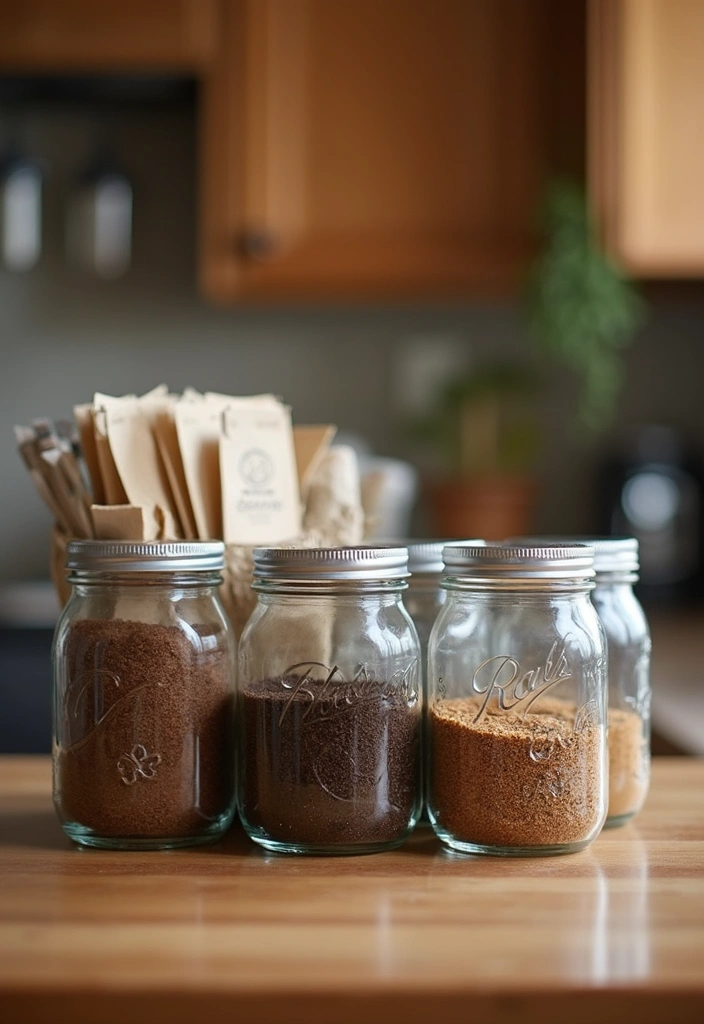25 Genius Mason Jar Storage Ideas That Will Declutter Your Life (You Won't Believe #4!) - 24. Tea and Coffee Station