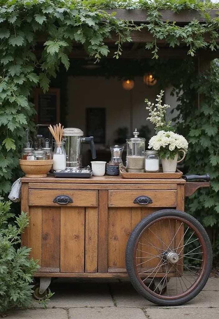 11 Outdoor Coffee Bar Ideas to Enjoy Your Brew in the Fresh Air! - 1. Rustic Charm with a Wooden Cart
