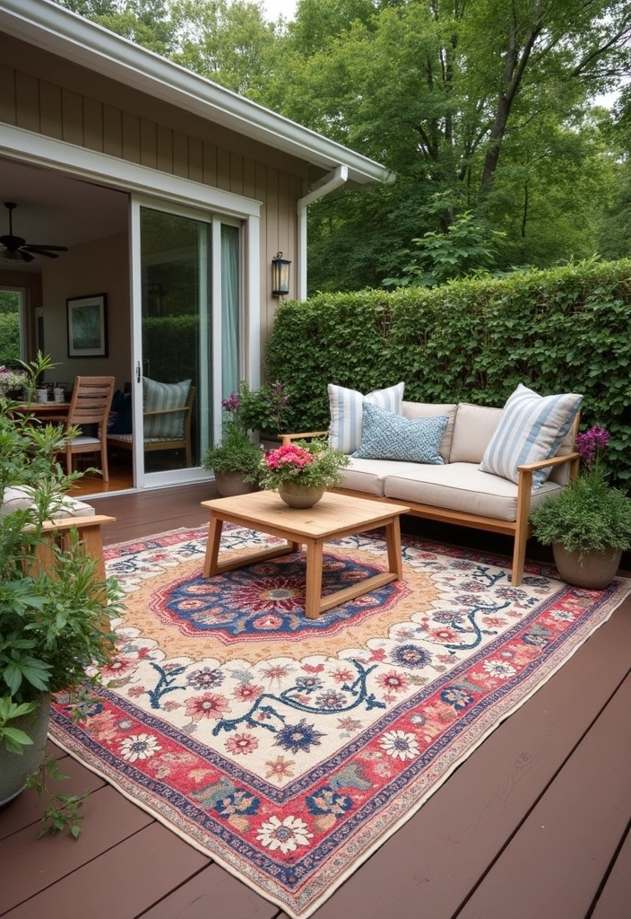 13 Deck Storage Hacks for a Stunning Outdoor Look (Wait Until You See #5!) - 12. Stylish Outdoor Rugs for Organization
