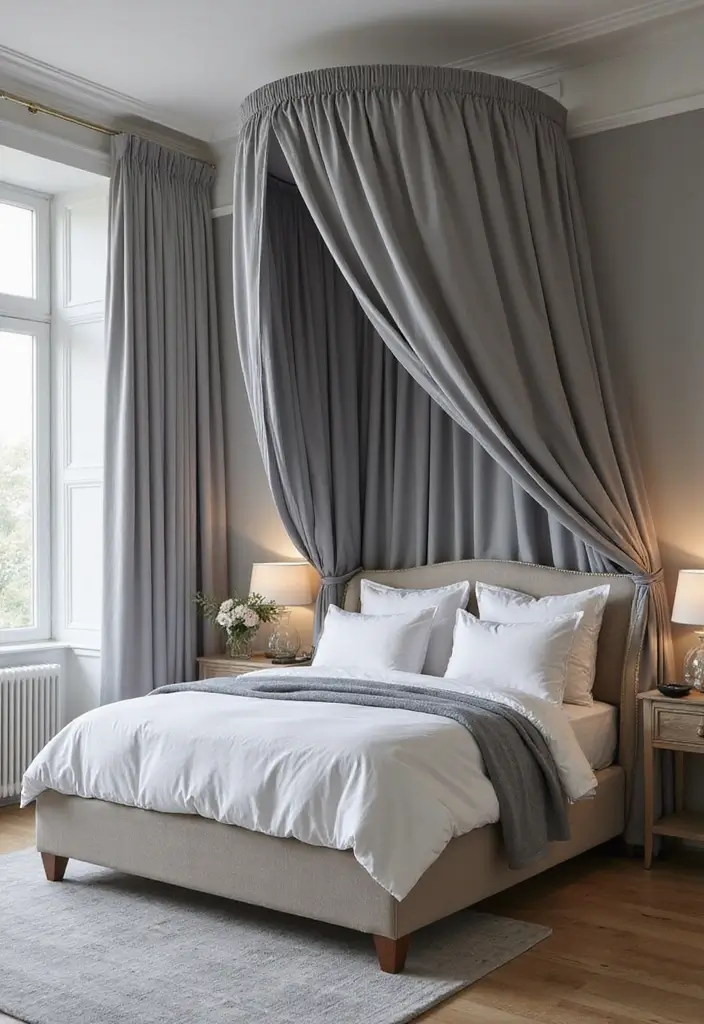 13 Luxurious Grey Bedroom Textiles That'll Make You Feel Like Royalty! - 11. Decorative Bed Canopy