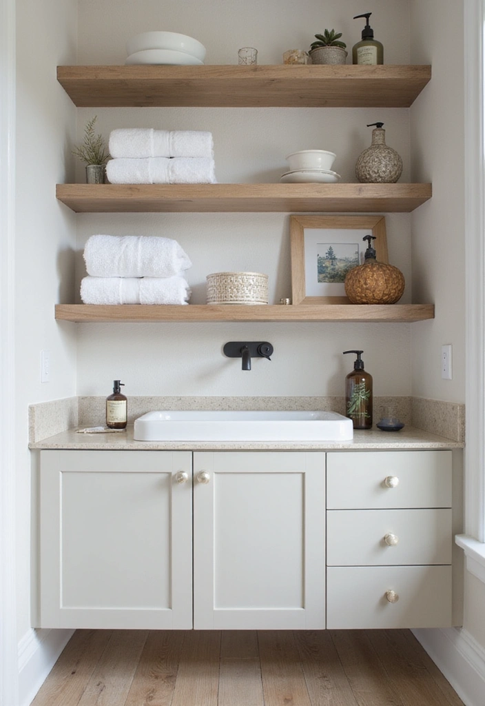 14 Modern Powder Room Designs That Redefine Chic (Get Inspired by #8!) - 12. Open Shelving