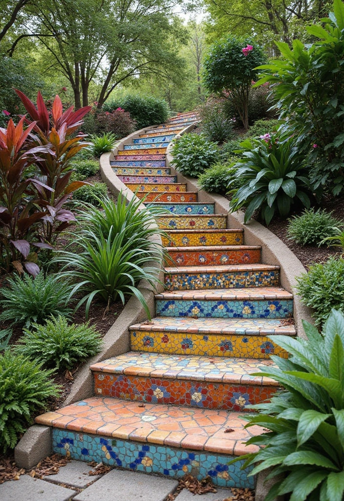 14 Outdoor Staircase Ideas That Will Turn Your Garden Into a Fairytale Oasis! - 12. Artistic Mosaic Steps