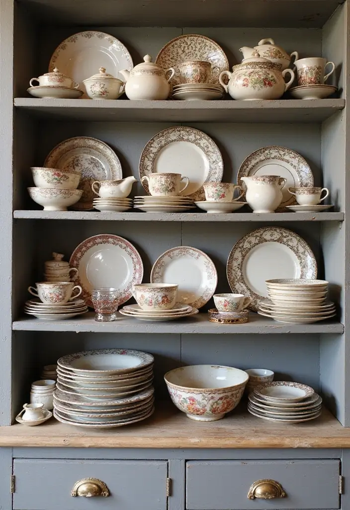 14 Rustic Vintage Decor Ideas That'll Bring Cozy Charm to Your Home! - 6. Vintage Tableware Display