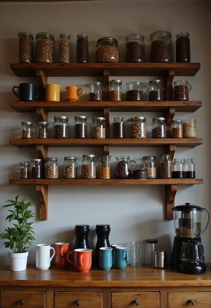 15 Coffee Bar Decor Ideas That Will Spark Joy Every Morning (Check Out #8!) - 1. Rustic Charm with Wooden Shelves