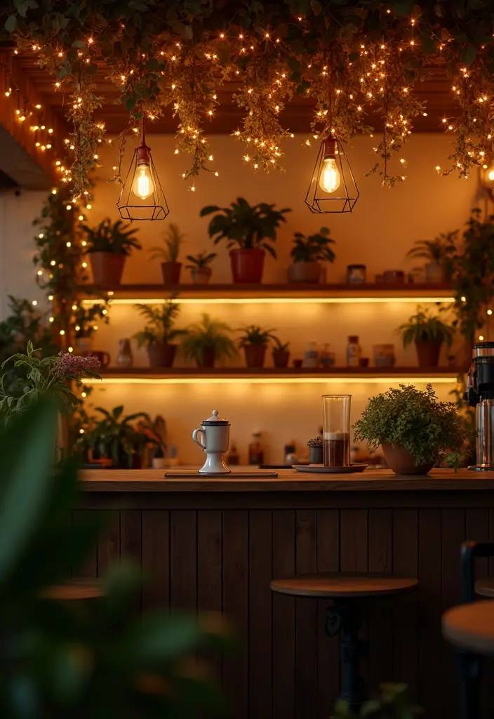15 Coffee Bar Decor Ideas That Will Spark Joy Every Morning (Check Out #8!) - 12. Mood Lighting with Fairy Lights