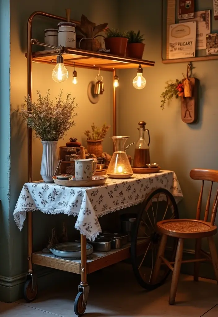 15 Coffee Bar Decor Ideas That Will Spark Joy Every Morning (Check Out #8!) - 3. Cozy Corner with a Coffee Cart