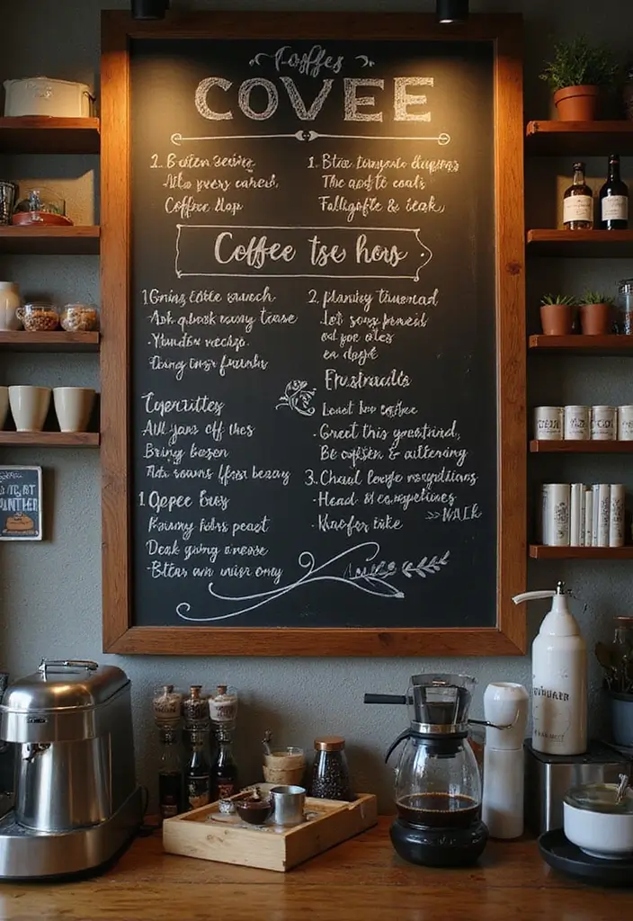 15 Coffee Bar Decor Ideas That Will Spark Joy Every Morning (Check Out #8!) - 6. Stylish Coffee Station with a Chalkboard