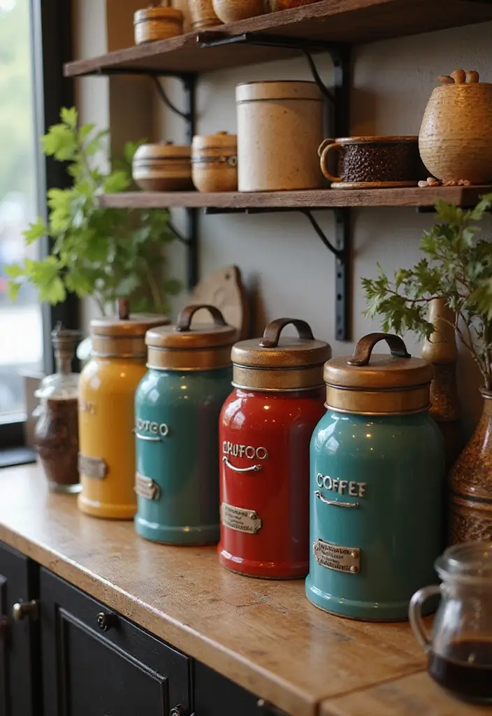 15 Coffee Bar Decor Ideas That Will Spark Joy Every Morning (Check Out #8!) - 9. Colorful Canisters for Storage