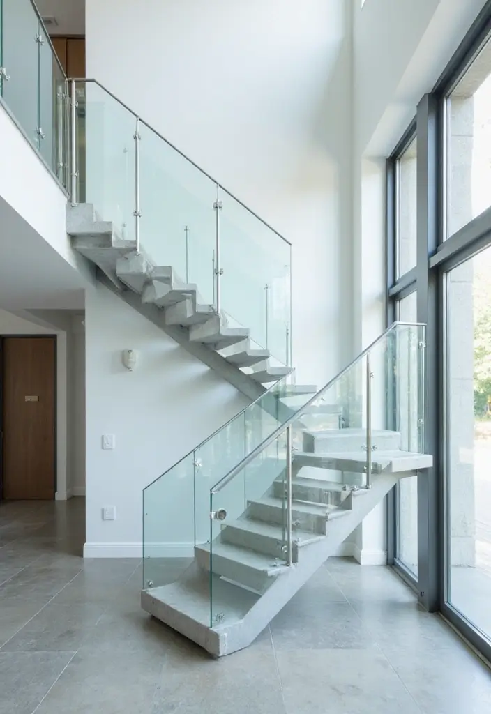15 Modern Staircase Ideas That'll Elevate Your Home's Style Instantly! - 4. Glass Railings for a Sleek Finish