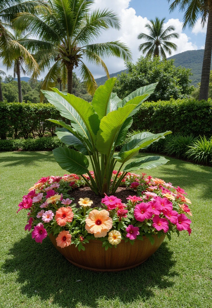 16 Gorgeous Round Flower Bed Ideas That Will Make Your Neighbors Envy You! - 2. Tropical Paradise