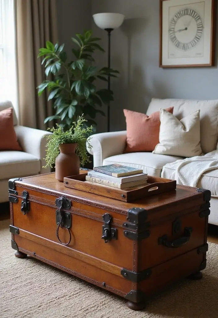16 Small Space Coffee Table Ideas That Maximize Style and Function (You’ll Love #10!) - 7. Stylish Trunks: Vintage Charm