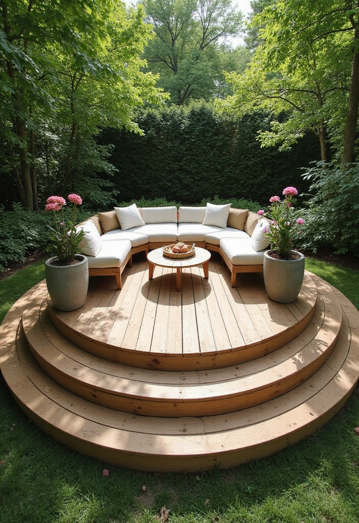 19 Enchanting Round Garden Retreat Ideas to Create Your Own Slice of Heaven! - 2. Elevated Round Deck Getaway