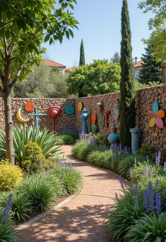 19 Gabion Fencing Ideas That Will Add Style and Privacy to Your Yard (Don’t Miss #2!) - 9. Gabion Fence as a Backdrop for Outdoor Art