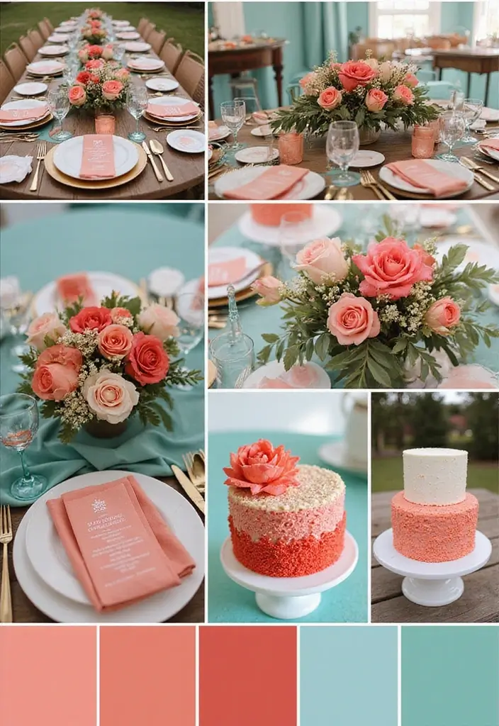 19 Gorgeous Wedding Color Schemes That Will Elevate Your Teal Theme (Don’t Miss #11!) - 1. Coral and Teal: A Match Made in Wedding Heaven
