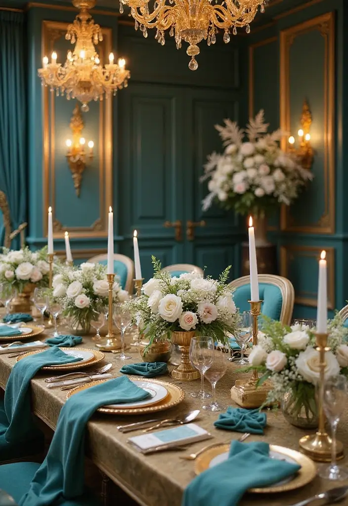 19 Gorgeous Wedding Color Schemes That Will Elevate Your Teal Theme (Don’t Miss #11!) - 7. Gold and Teal: Luxurious Glam