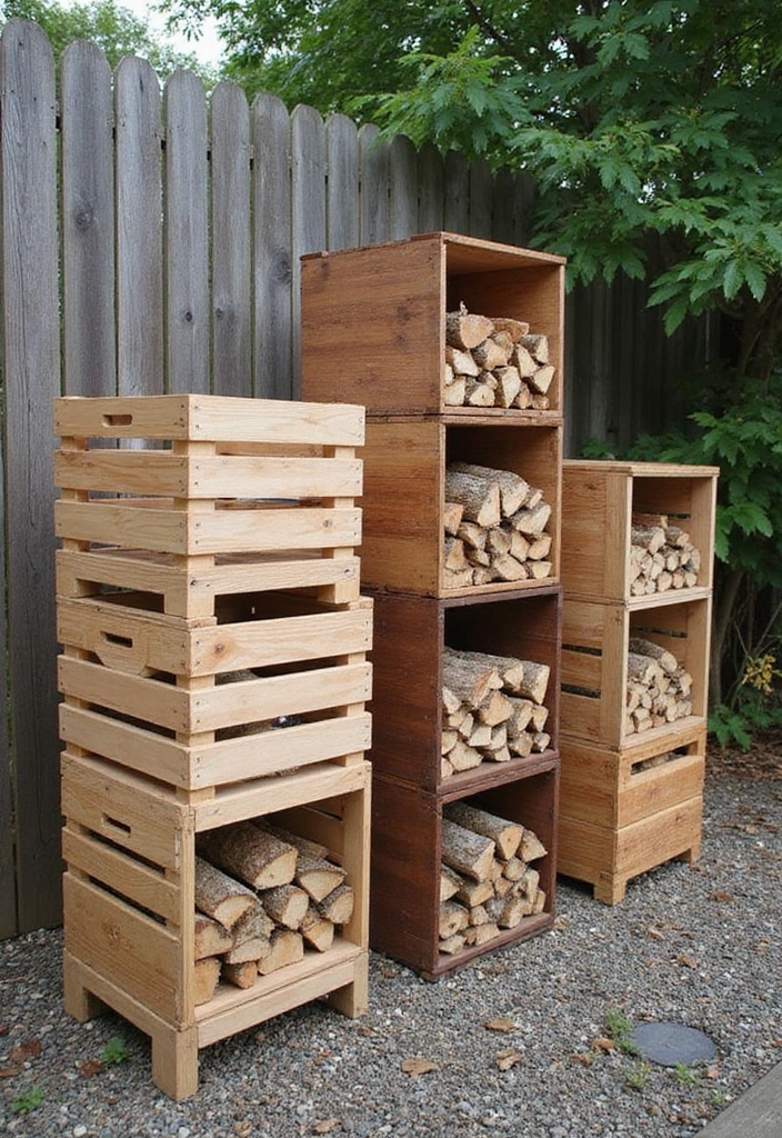 19 Stylish Firewood Storage Ideas That'll Keep Your Yard Looking Sharp (You'll Love #5!) - 1. Sleek Wood Crate Stacks