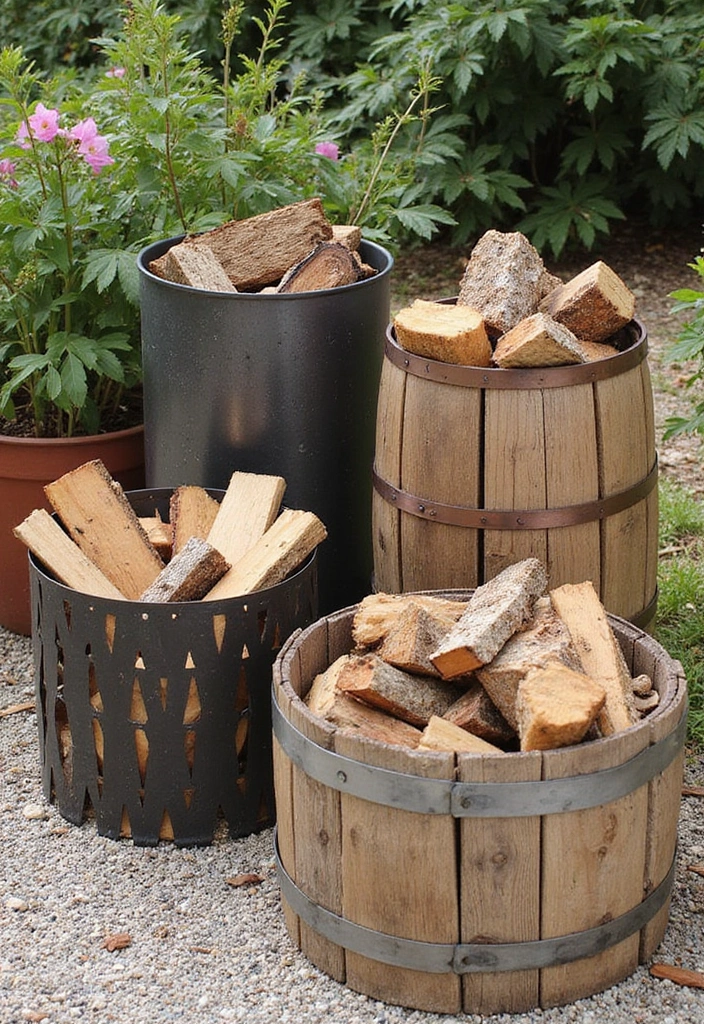 19 Stylish Firewood Storage Ideas That'll Keep Your Yard Looking Sharp (You'll Love #5!) - 13. Decorative Firewood Containers