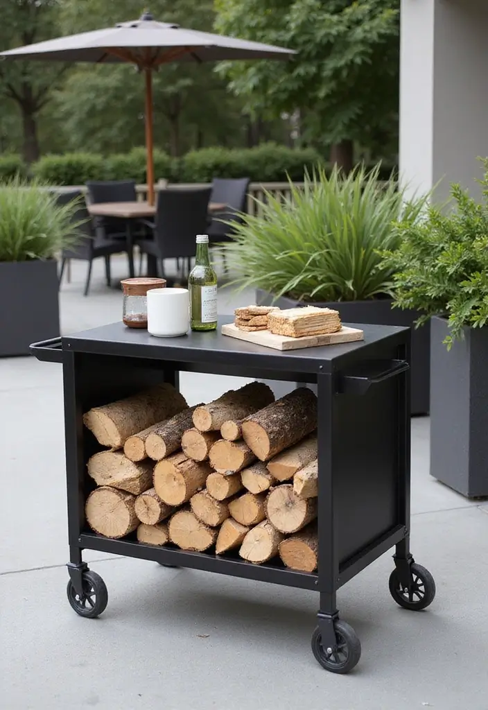 19 Stylish Firewood Storage Ideas That'll Keep Your Yard Looking Sharp (You'll Love #5!) - 14. Minimalist Outdoor Cart