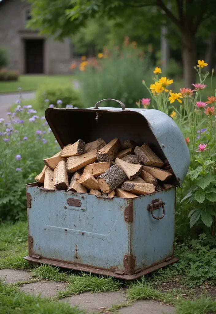 19 Stylish Firewood Storage Ideas That'll Keep Your Yard Looking Sharp (You'll Love #5!) - 18. Vintage Metal Storage Bin