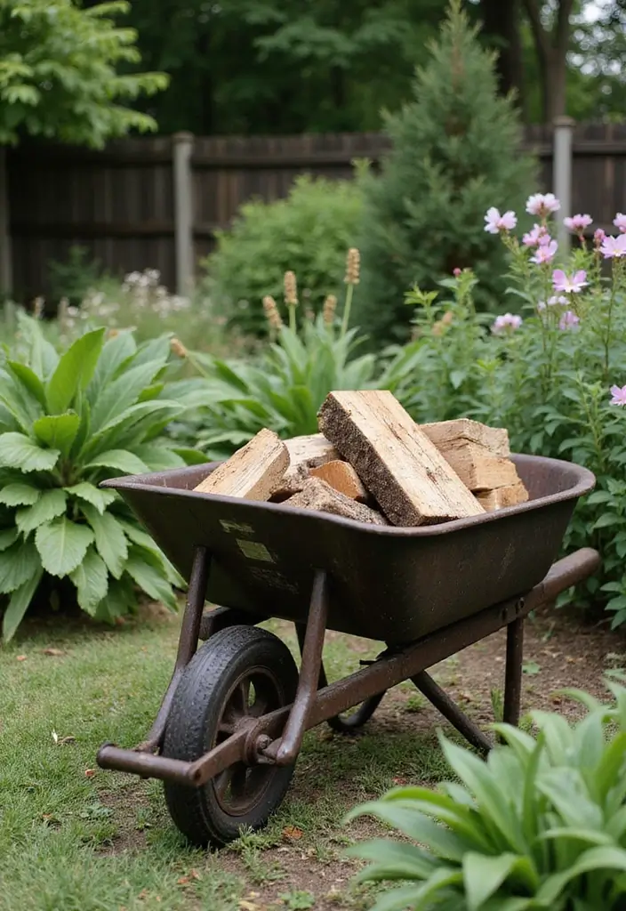 19 Stylish Firewood Storage Ideas That'll Keep Your Yard Looking Sharp (You'll Love #5!) - 4. Rustic Wheelbarrow Storage