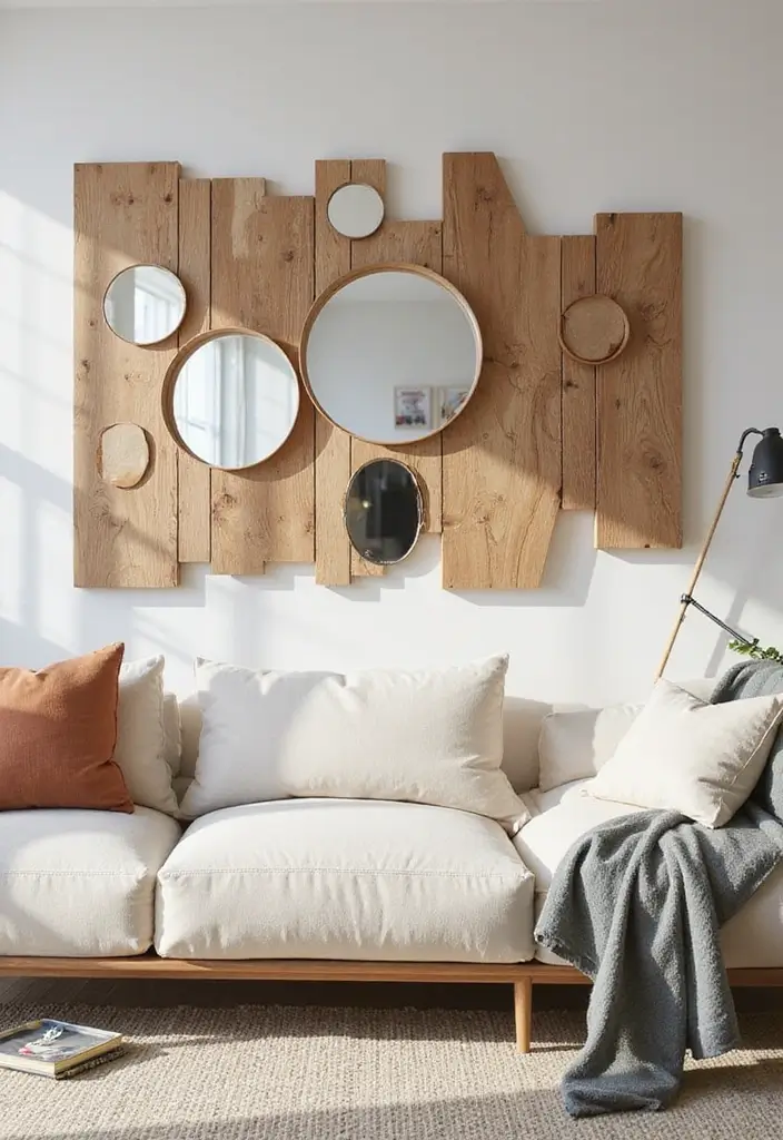 19 Wood Wall Art Ideas That Will Turn Your Living Room into a Statement Space! - 16. Wood Art with Mirrors