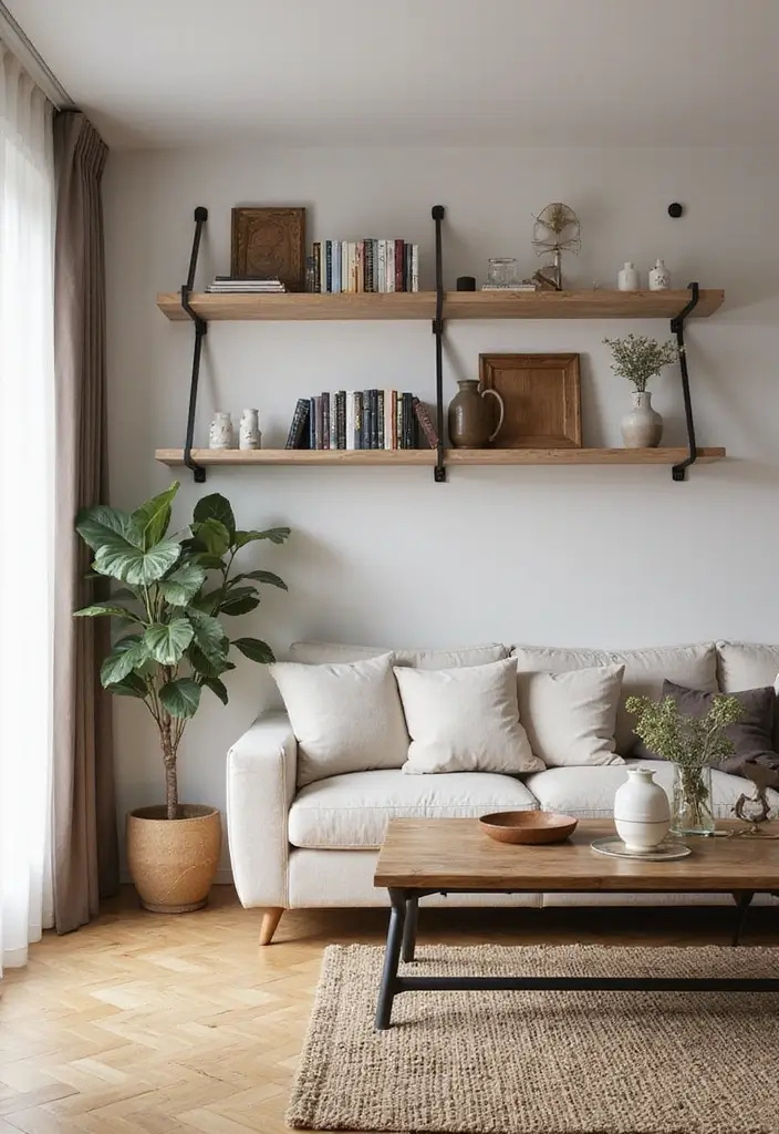 19 Wood Wall Art Ideas That Will Turn Your Living Room into a Statement Space! - 4. Wall-Mounted Wooden Shelves