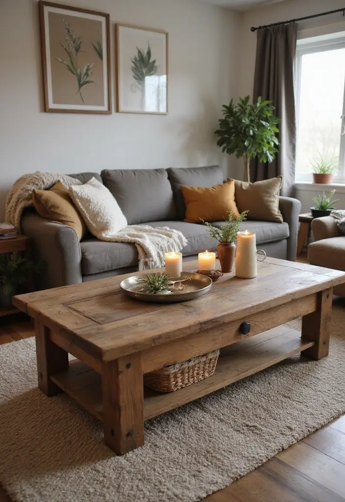 20 Functional Coffee Table Ideas That Are Both Stylish and Practical (You’ll Be Amazed by #11!) - 13. Rustic Wood Coffee Table