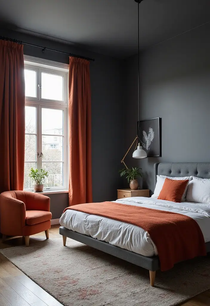 20 Modern Grey Bedroom Ideas That Will Make You Want to Redecorate Right Now! - 8. Bold Contrasts