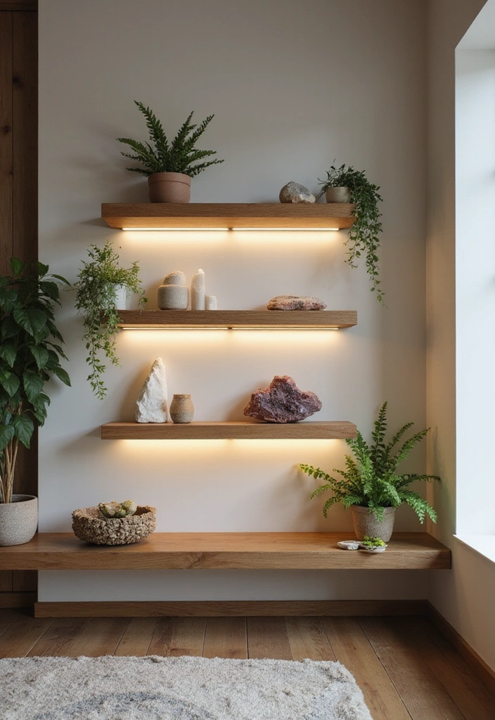 20 Soothing Lighting Ideas for Your Meditation Room That Will Create Instant Serenity! - 17. Floating Shelves with LED Strips