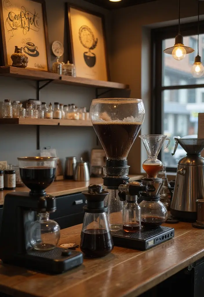25 Easy DIY Coffee Bar Ideas That'll Impress Your Guests (and Yourself!) - 22. Coffee Brewing Equipment Display
