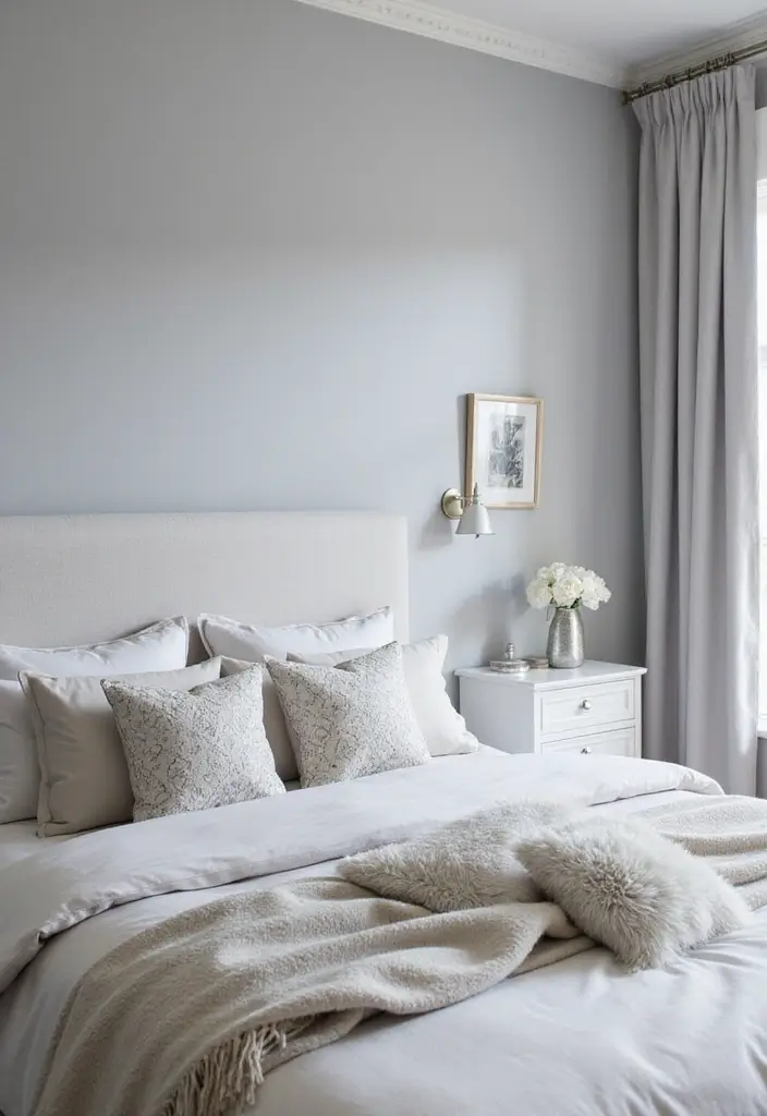 25 Gorgeous Grey Bedroom Color Schemes That’ll Inspire Your Next Redecorating Project! - 1. Soft Grey and White Serenity