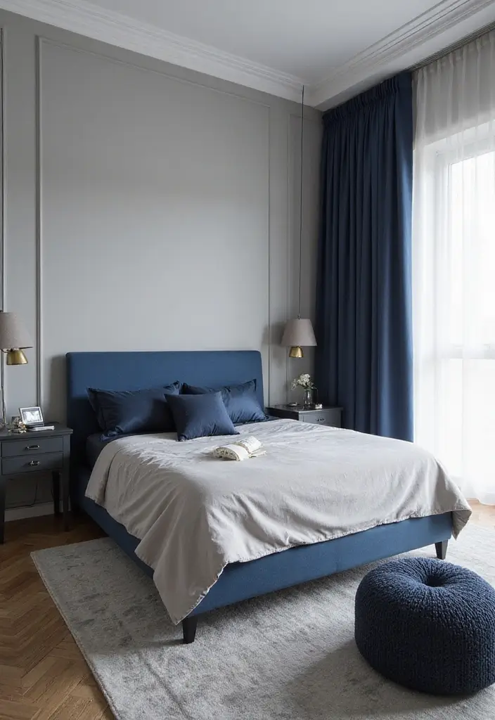 25 Gorgeous Grey Bedroom Color Schemes That’ll Inspire Your Next Redecorating Project! - 11. Grey and Navy Blue Sophistication