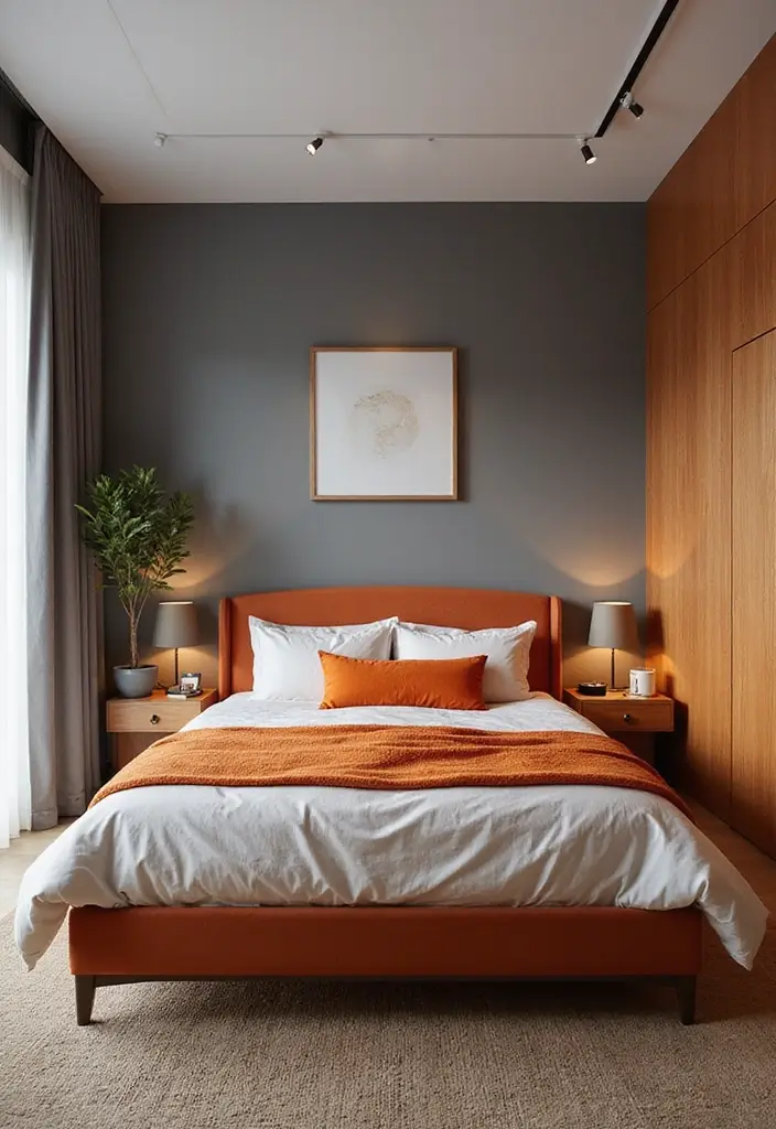 25 Gorgeous Grey Bedroom Color Schemes That’ll Inspire Your Next Redecorating Project! - 12. Grey and Orange Energy
