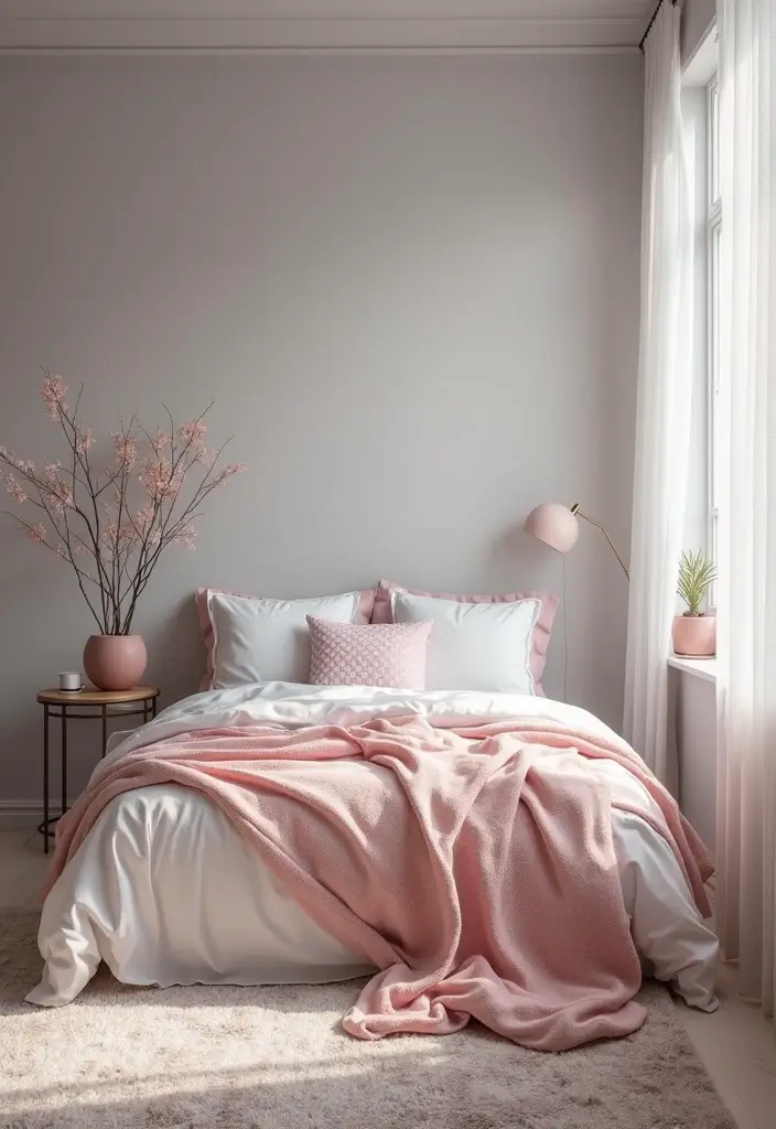 25 Gorgeous Grey Bedroom Color Schemes That’ll Inspire Your Next Redecorating Project! - 13. Grey and Blush Pink Romance