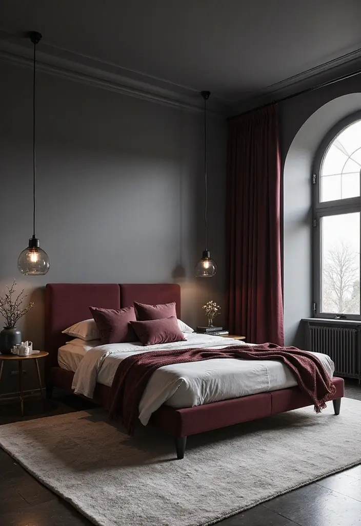 25 Gorgeous Grey Bedroom Color Schemes That’ll Inspire Your Next Redecorating Project! - 19. Grey and Deep Burgundy Drama