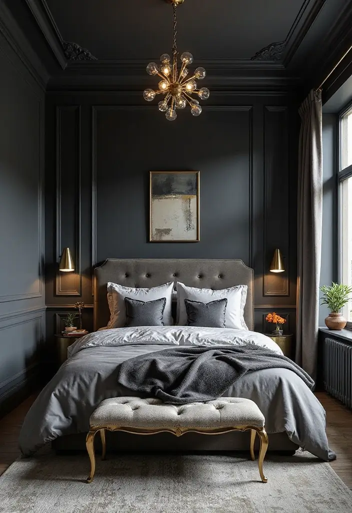 25 Gorgeous Grey Bedroom Color Schemes That’ll Inspire Your Next Redecorating Project! - 2. Deep Charcoal and Gold Glam